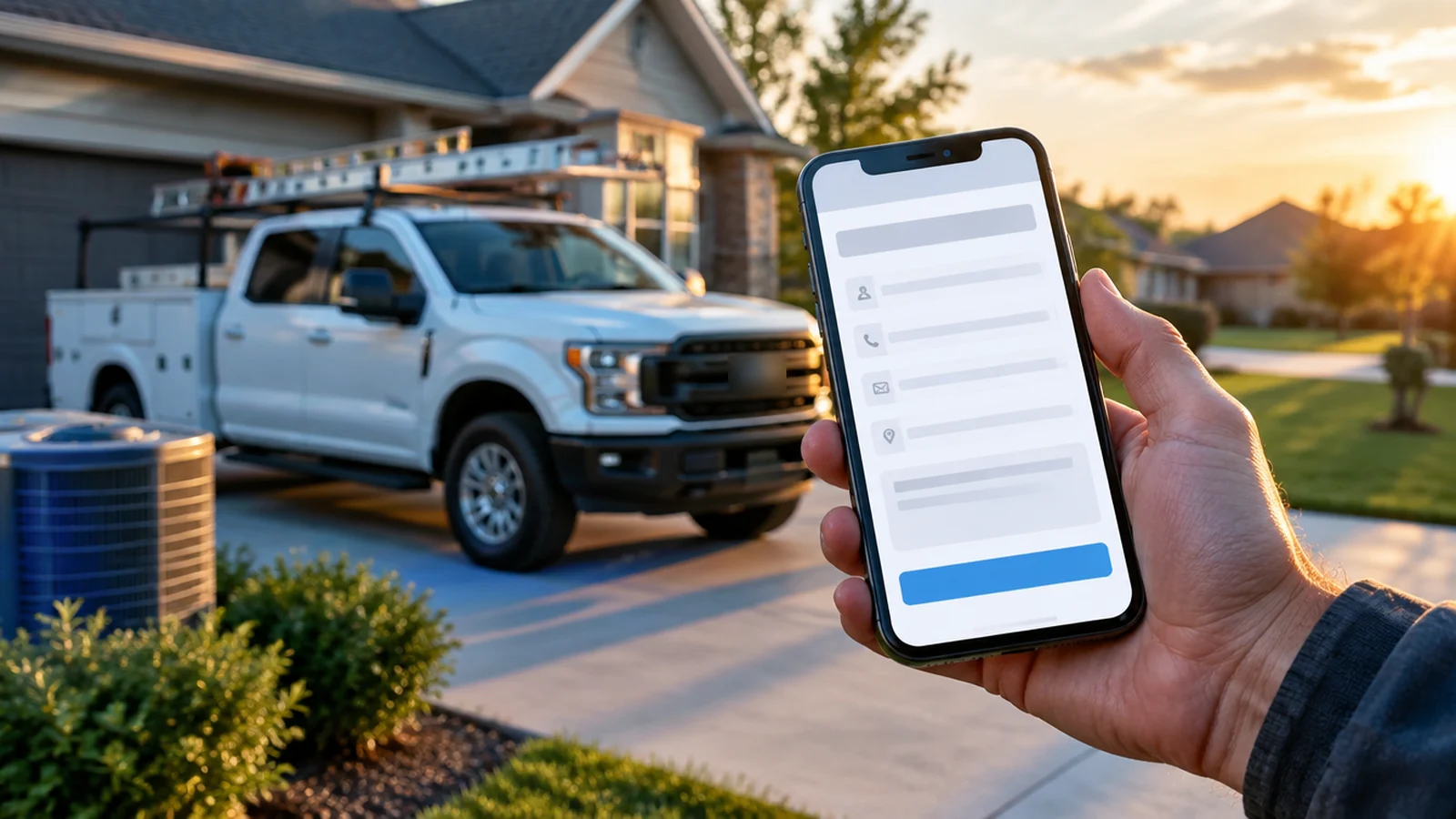 A contractor holding a phone with a lead form on screen, with a service truck and an outdoor AC unit in a suburban driveway