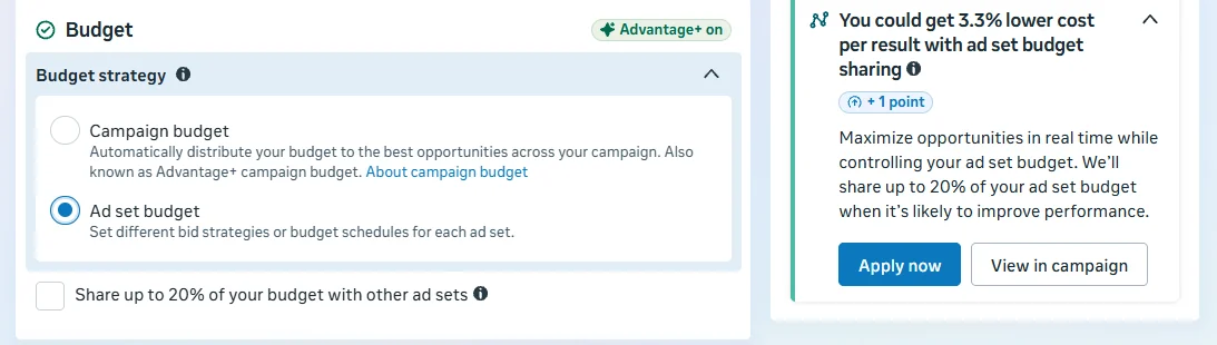 Ads Manager budget strategy set to Ad set budget with a note about ad set budget sharing