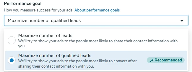 Performance goal options: Maximize number of leads and Maximize number of qualified leads (Recommended)