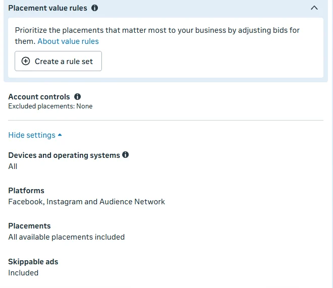Expanded placement settings showing all devices, Facebook, Instagram and Audience Network platforms, all available placements, and skippable ads included