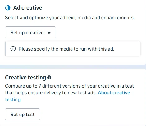 Ad creative section with the Instant form destination and a creative testing option to compare up to 7 versions