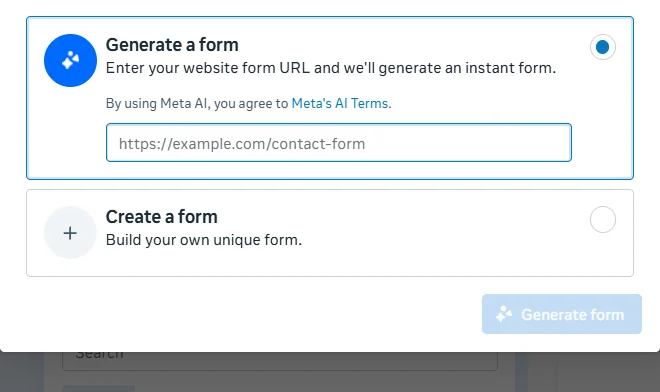 Create instant form dialog with options to generate a form from a website URL or create a form