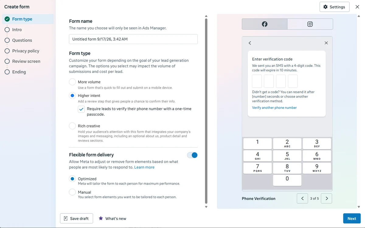 Instant form builder with Higher intent selected, the option to require leads to verify their phone number with a one-time passcode checked, and a phone preview of the verification code screen
