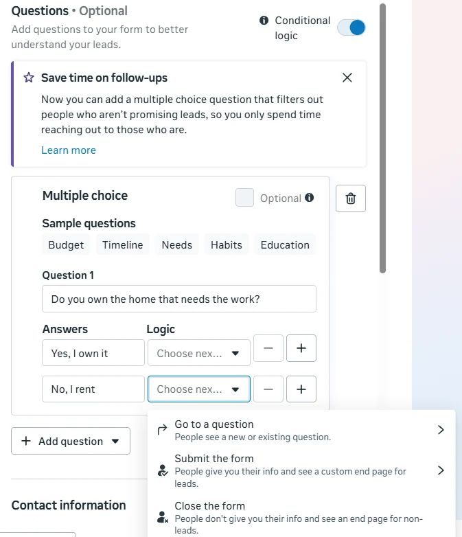 Answer logic dropdown with Go to a question, Submit the form, and Close the form options