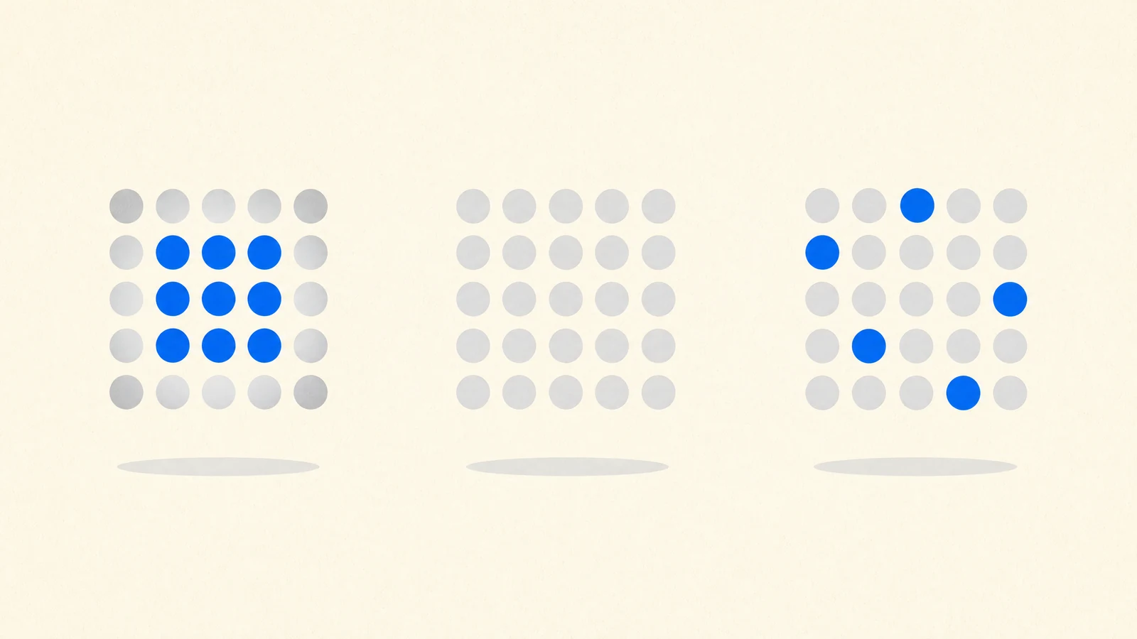 Three geo-grid scan patterns side by side: a grid with a tight blue cluster at the center fading to gray, a uniformly gray grid with no strong positions anywhere, and a scattered grid with blue points in inconsistent positions