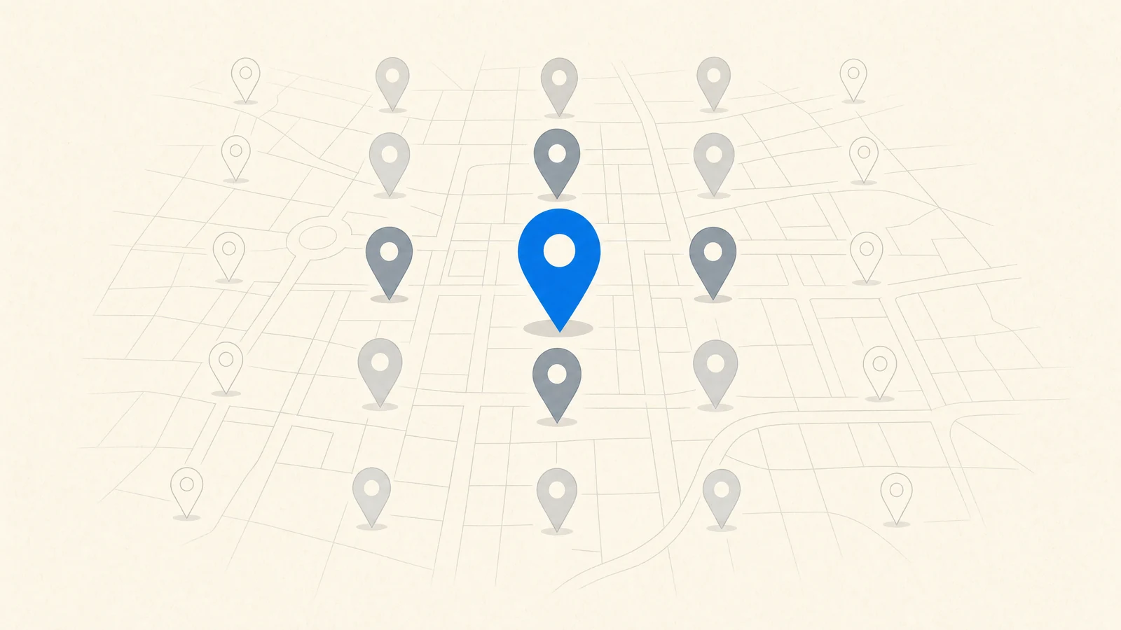 A grid of map pins laid over city streets where the single pin at the center is bright blue and the surrounding pins fade through gray as distance from the center increases