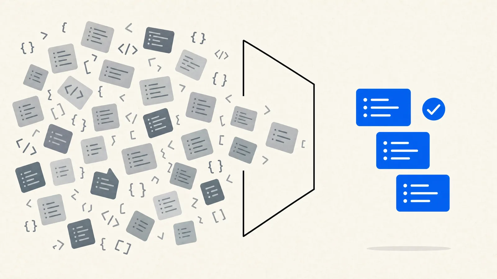 Hundreds of scattered gray code and markup fragments passing through a filter and coming out as three clean, validated blue structured data blocks
