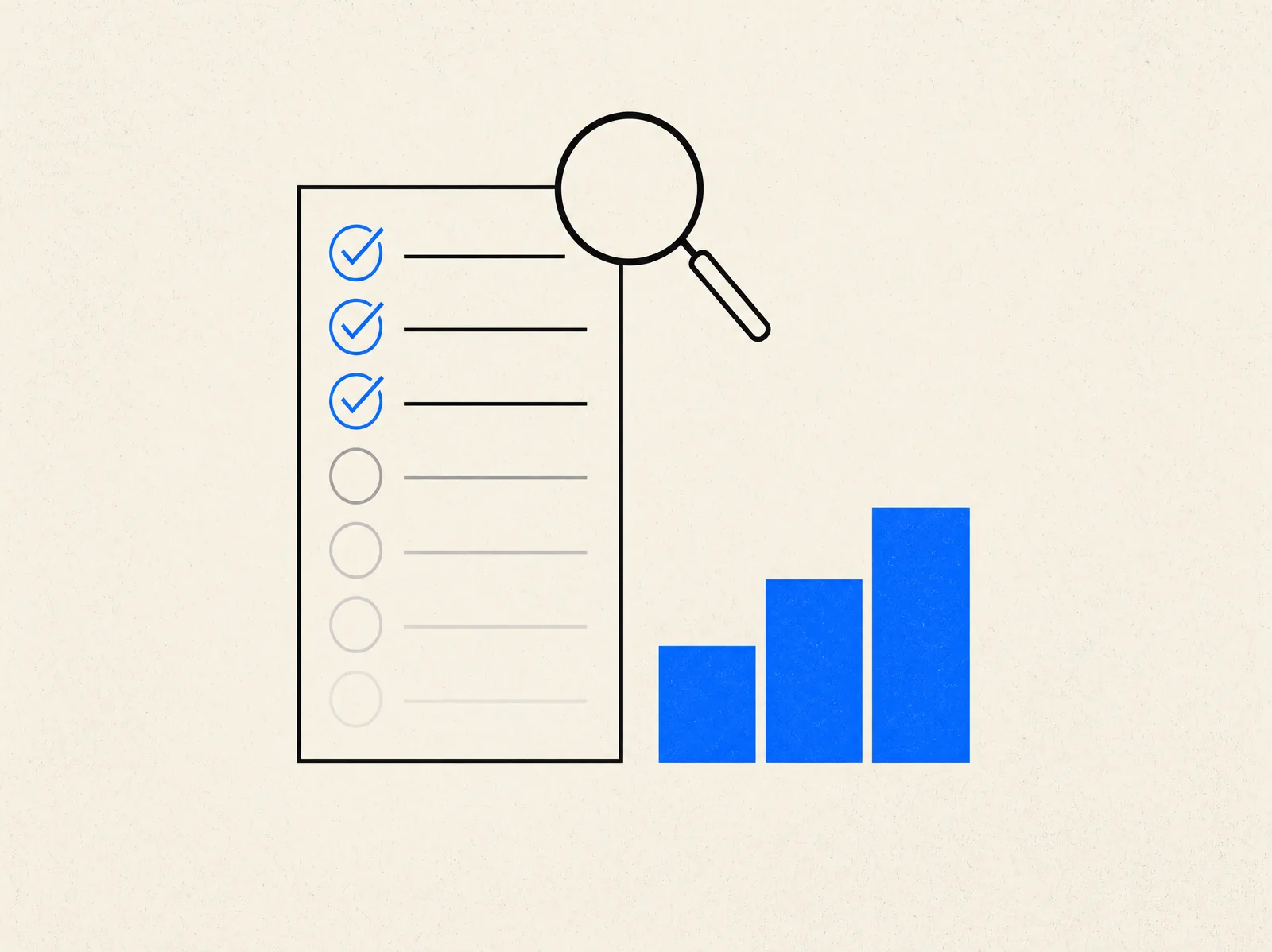 An SEO checklist with the first three of sixty steps checked off in blue, reviewed under a magnifying glass, beside a bar chart of search traffic climbing